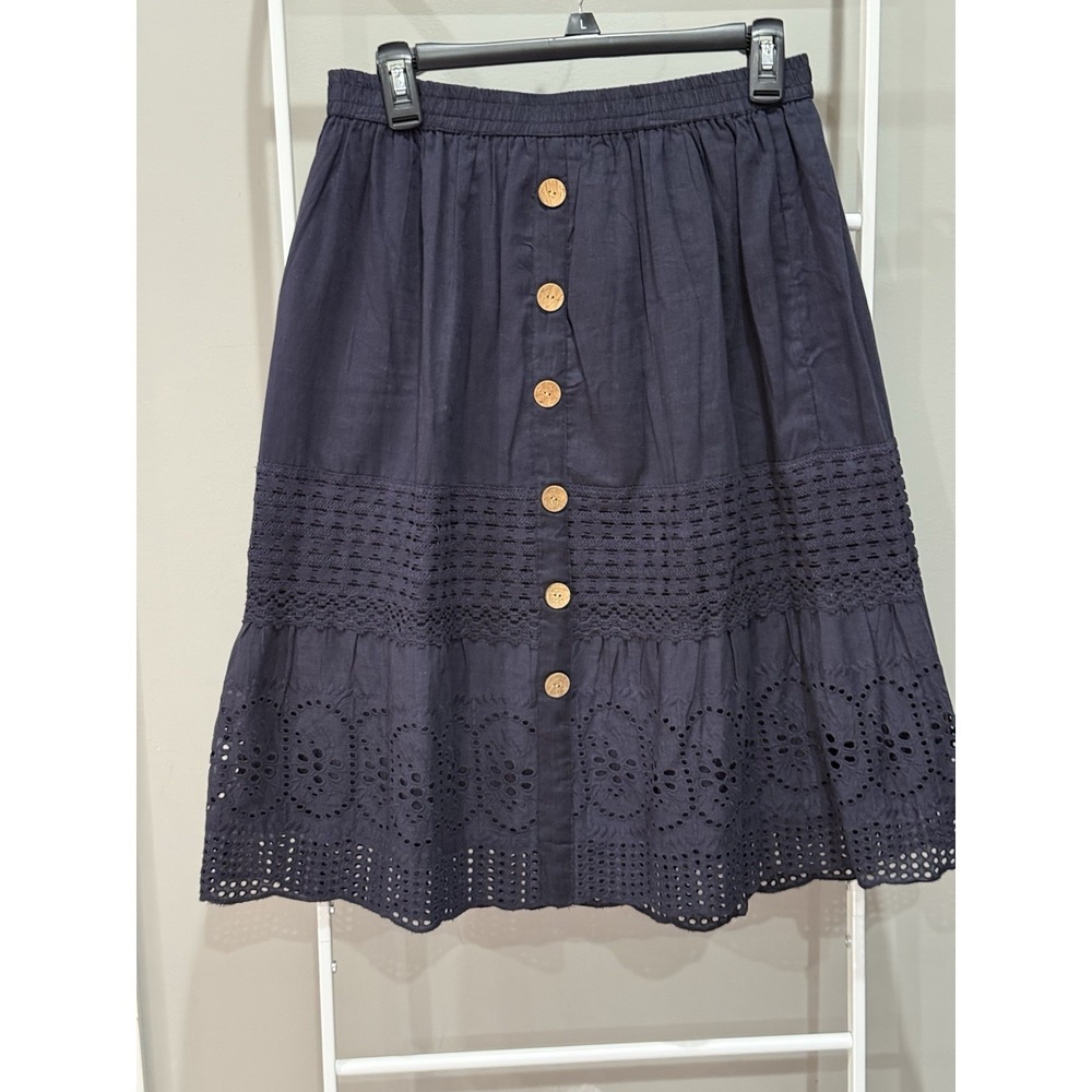 Retro Floral Eyelet Skirt Blue L Tiered Lace Boho Western Indie Folk Classic 80s